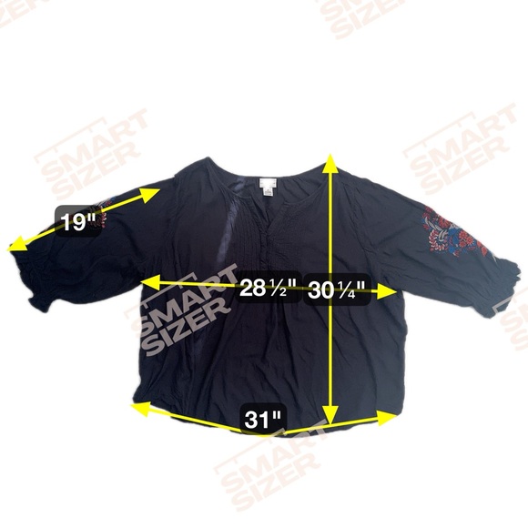 Liz Claiborne Woman’s Black Floral Embroidered 3/4 Sleeve Top - Picture 7 of 8